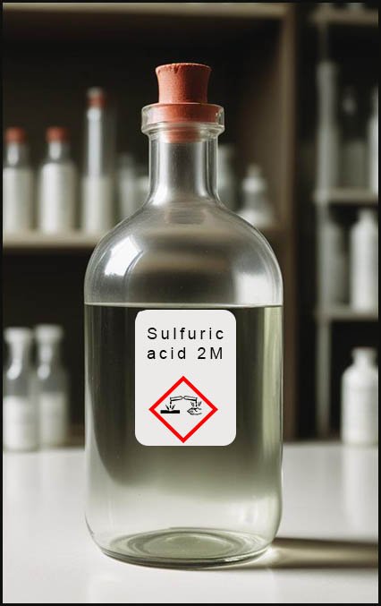 A bottle of sulfuric acid sitting on the bench in the lab.